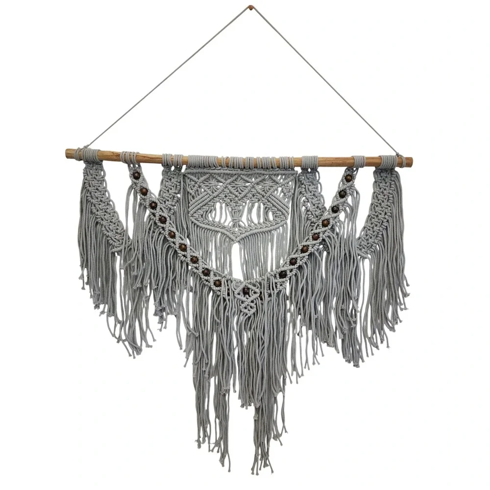 Boho Macrame Wall Hanging Grey Cotton Fringe with Wood Beads and Dowel 31.5x28in